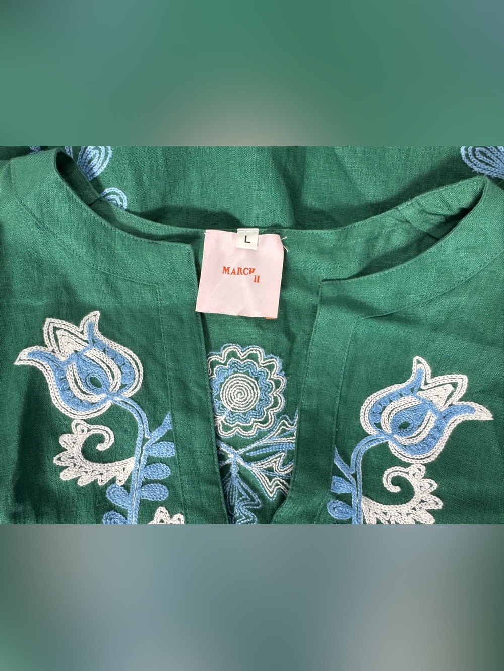 March 11 Dress Womens Large Green Floral Embroidered Linen Maxi Annabell - Picture 14 of 14